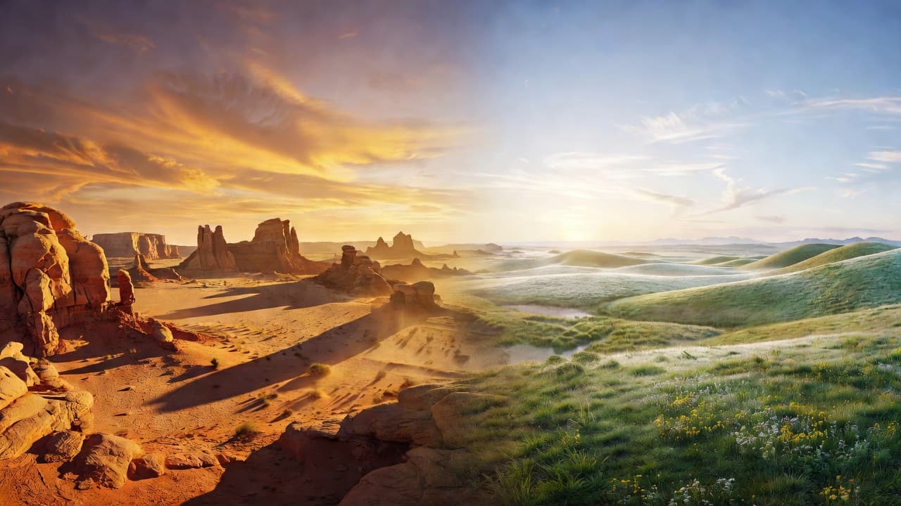 Amanecer que transiciona de tonos cálidos dorados a luz clara y brillante sobre un paisaje abierto, evocando transición y renovación