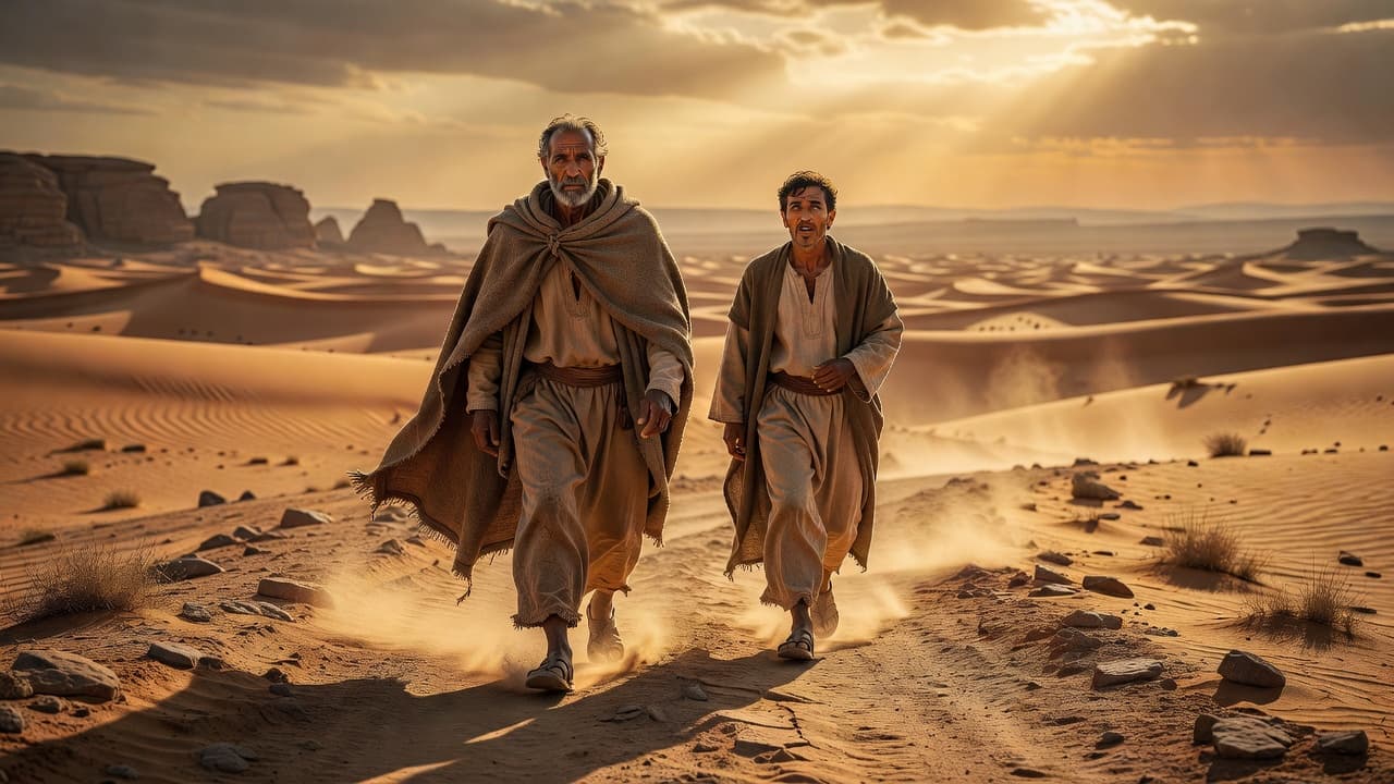 Dos hombres caminando juntos por un paisaje desértico al atardecer, evocando la relación entre maestro y discípulo