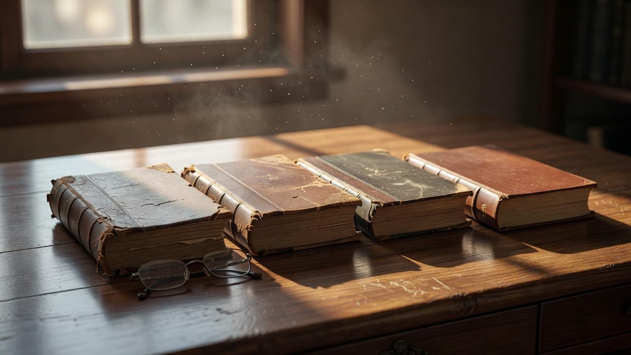 Varios libros antiguos y modernos sobre una mesa de madera iluminada por luz cálida, representando el paso del tiempo y las distintas ediciones de un mismo texto