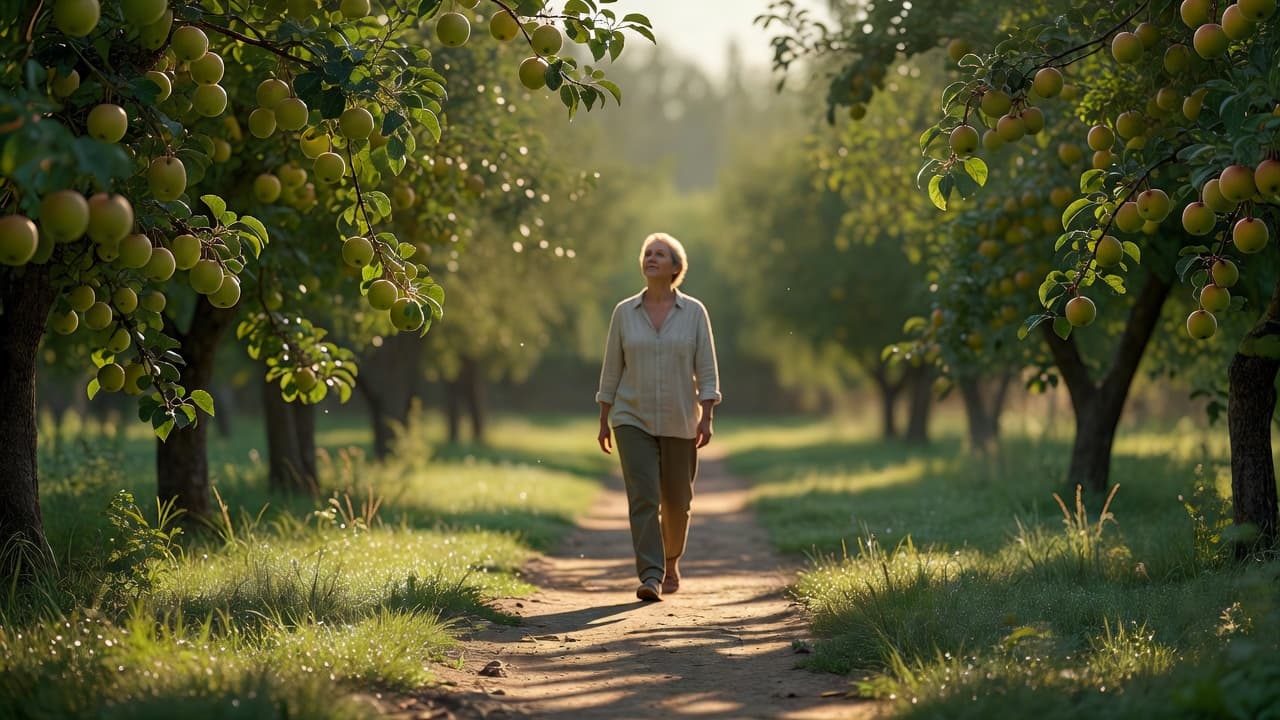 Persona caminando por un sendero entre árboles frutales iluminados por luz cálida al amanecer