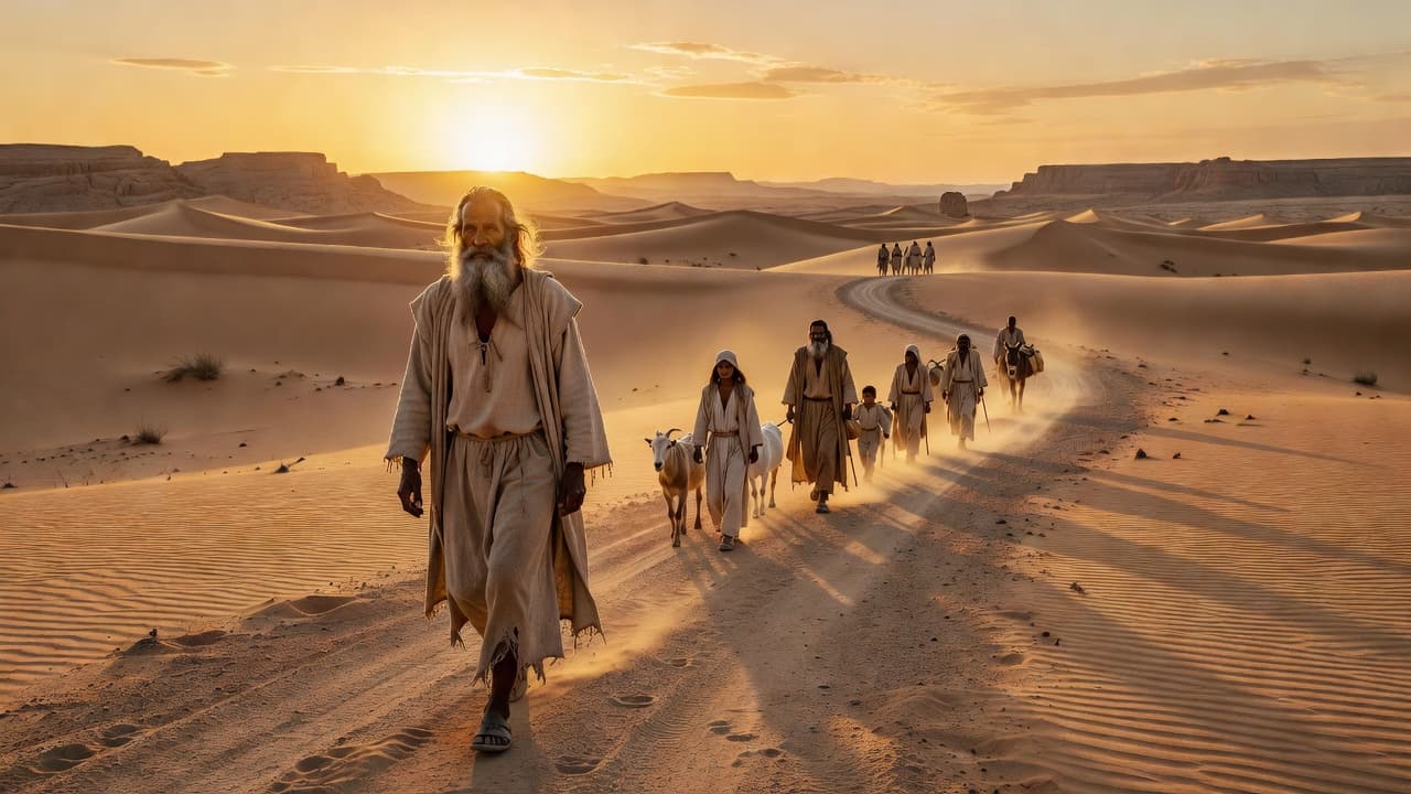 Anciano caminando por un paisaje desértico al amanecer con su familia y rebaños, evocando el viaje de Abraham