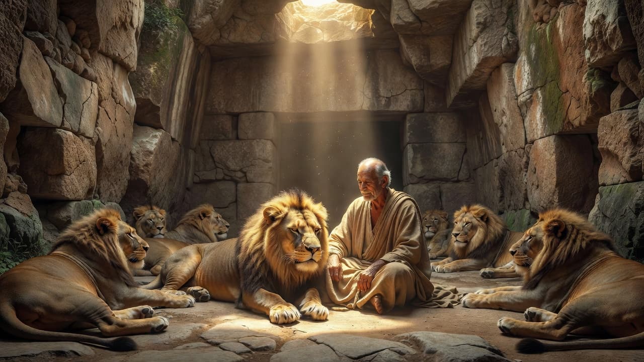 Hombre sereno en paz rodeado de leones en una fosa iluminada por un rayo de luz desde arriba