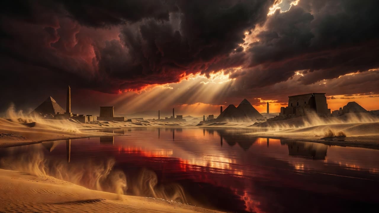 Cielo tormentoso sobre un paisaje desértico con río evocando el relato bíblico de las plagas de Egipto