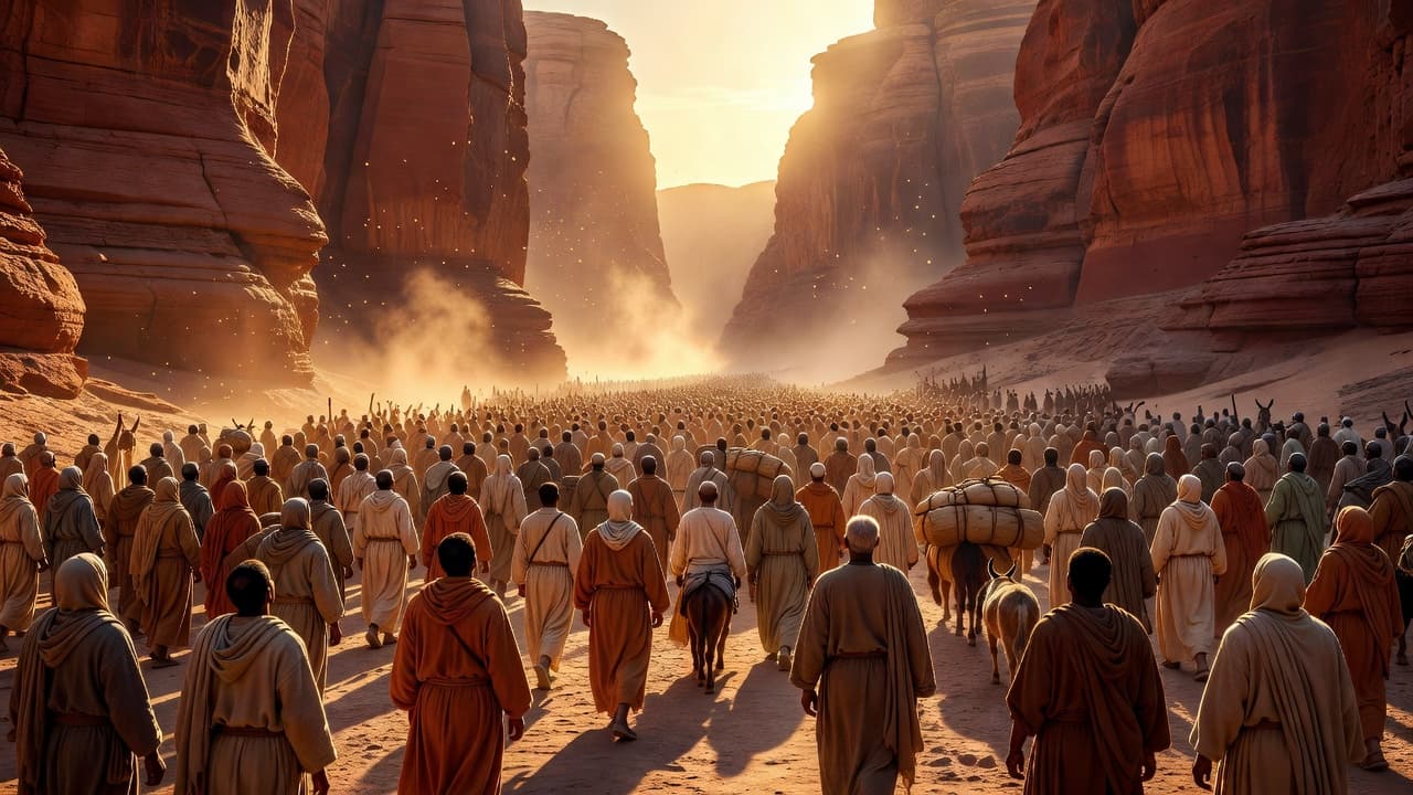 Multitud caminando a través de un desierto árido con montañas al fondo bajo un cielo dorado al amanecer