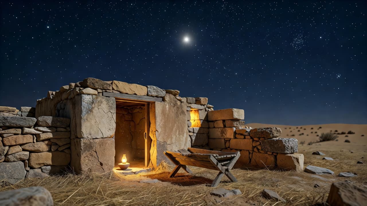 Escena nocturna de un establo humilde iluminado por una estrella brillante en el cielo