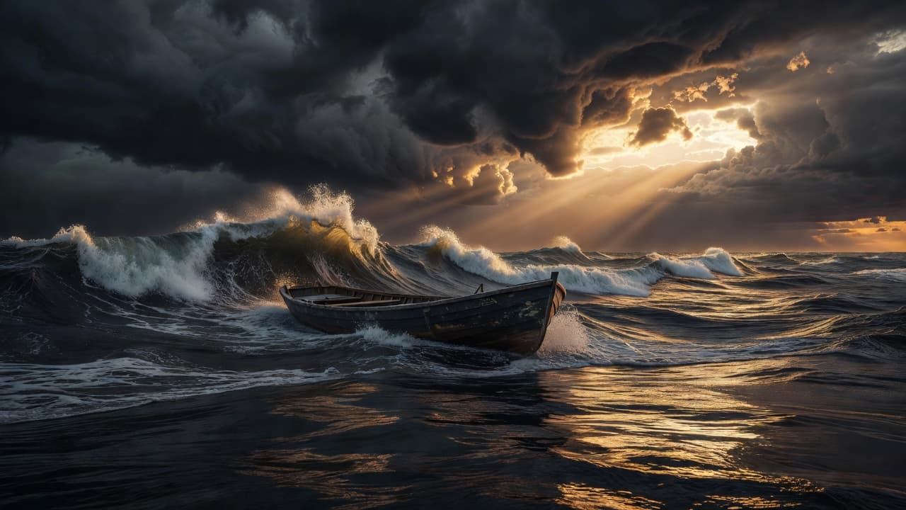 Un mar agitado con olas fuertes bajo un cielo que empieza a despejarse, mostrando un rayo de luz cálida entre las nubes oscuras
