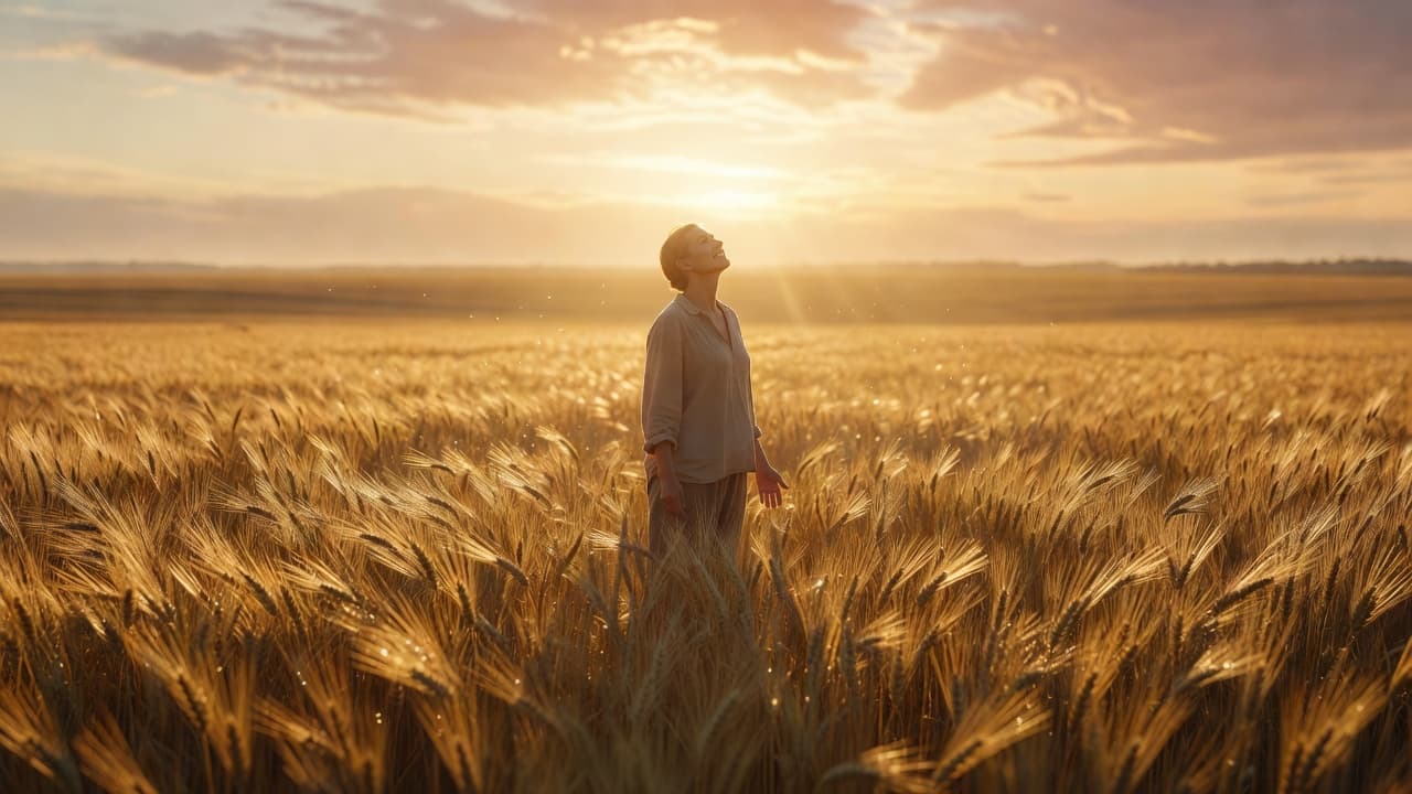 Persona caminando hacia la luz del amanecer en un campo abierto, simbolizando libertad y esperanza
