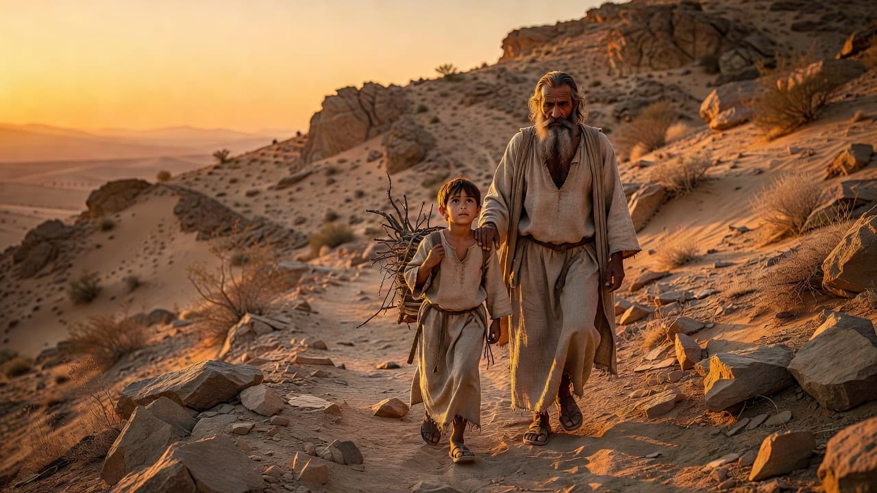 Un padre y su hijo caminando juntos por un sendero montañoso al amanecer, evocando el viaje de Abraham e Isaac al monte Moriah
