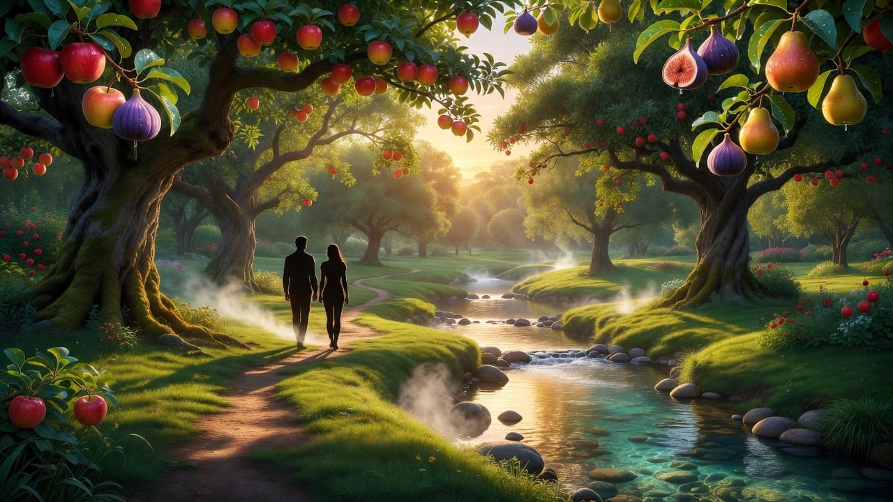 Jardín exuberante al amanecer con un hombre y una mujer caminando entre árboles frutales bajo una luz dorada
