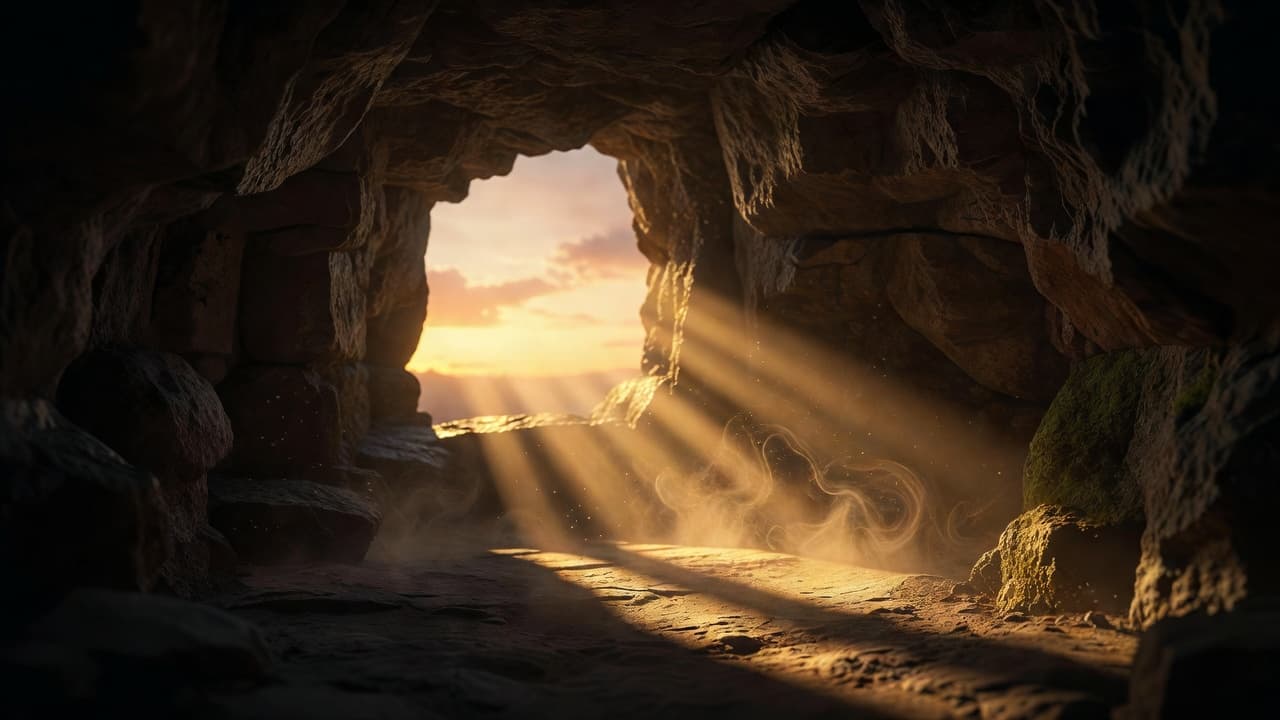 Luz dorada atravesando una cueva oscura, evocando esperanza en medio de la adversidad
