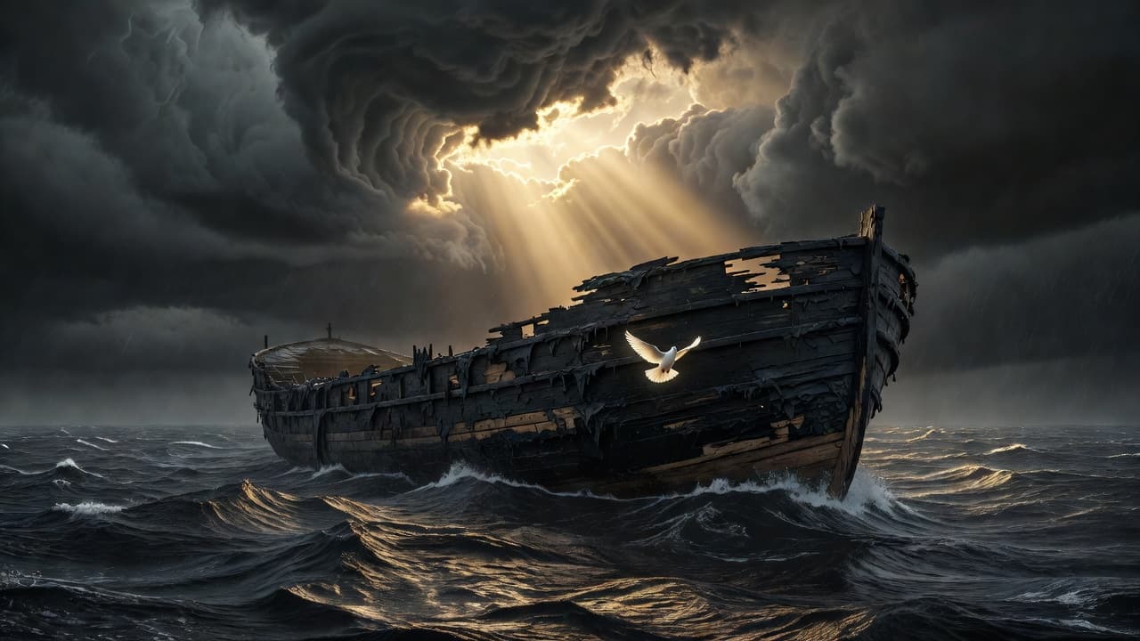 Gran embarcación de madera antigua sobre aguas turbulentas bajo un cielo dramático con rayos de luz entre las nubes