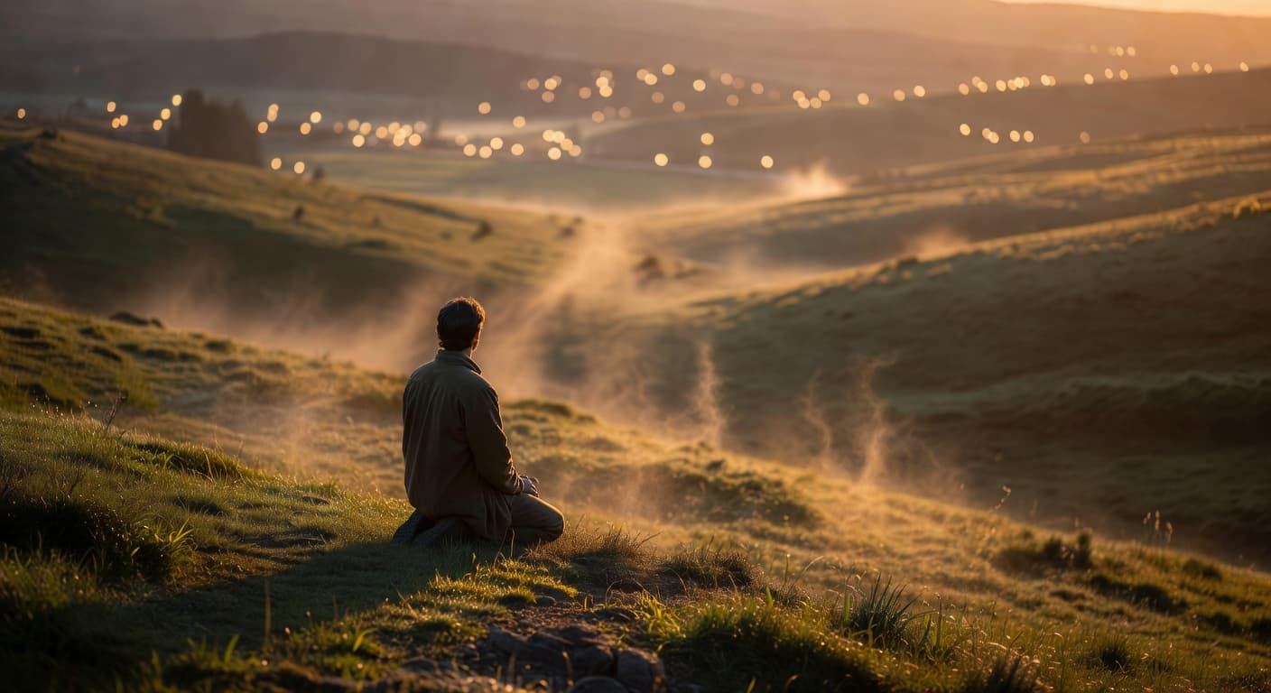 Persona en un lugar tranquilo y solitario con luz cálida del amanecer, evocando un momento de intimidad y reflexión personal