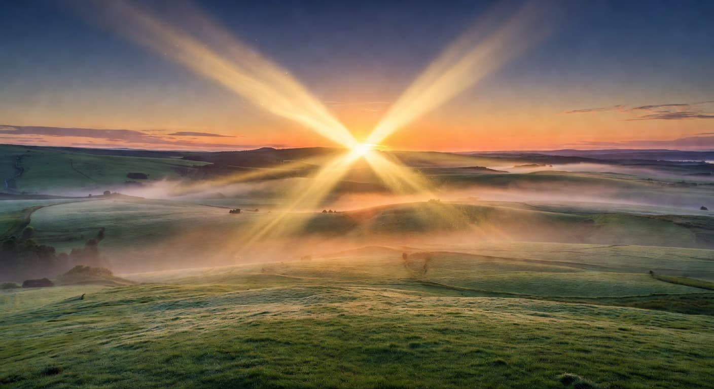 Tres rayos de luz dorada convergiendo sobre un paisaje al amanecer, evocando unidad y misterio