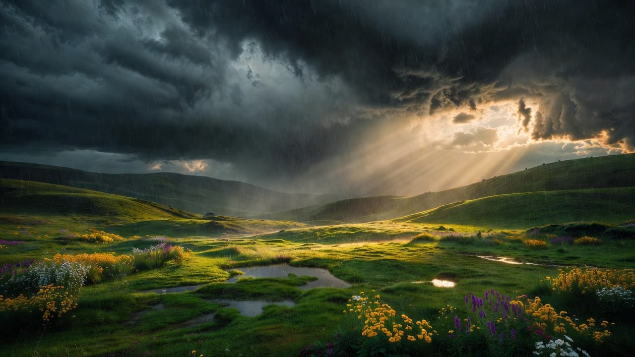 Cielo oscuro con lluvia intensa sobre un paisaje verde que empieza a recibir rayos de sol entre las nubes