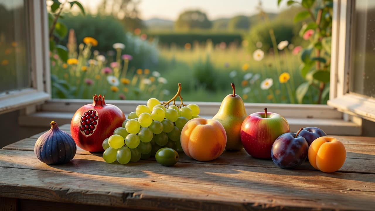 Nueve frutas maduras iluminadas por luz cálida sobre una mesa de madera, evocando abundancia y carácter