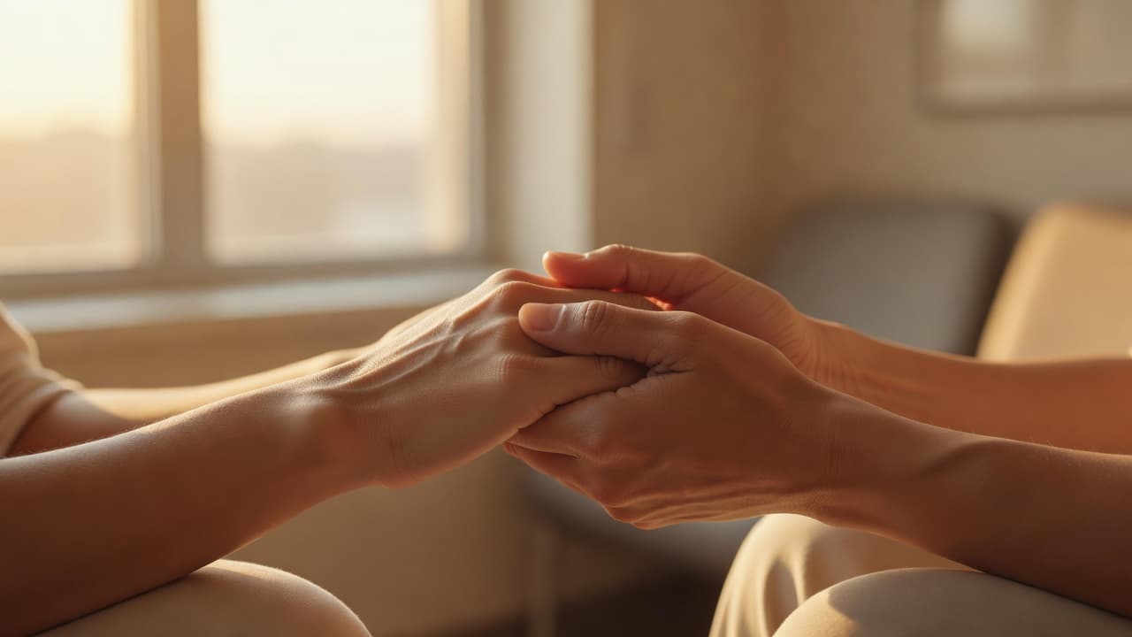 Manos sosteniendo con ternura la mano de otra persona en señal de apoyo y compañía antes de un momento difícil