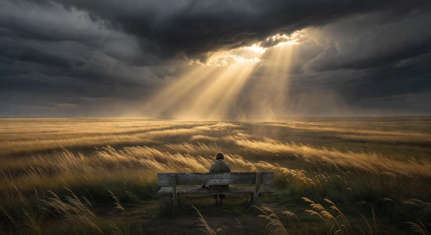 Persona sentada en soledad contemplando un horizonte nublado con rayos de luz abriéndose paso entre las nubes