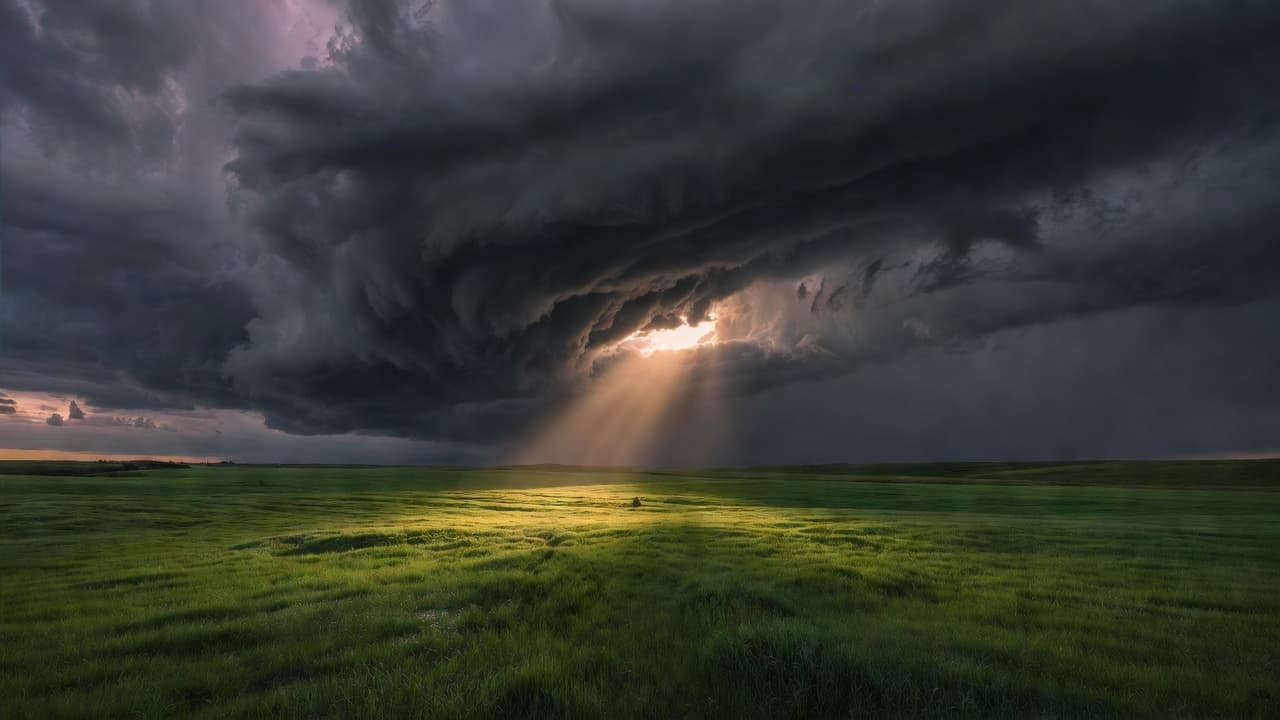 Cielo dramático con nubes oscuras de tormenta y un rayo de luz cálida abriéndose paso entre las nubes sobre un campo abierto