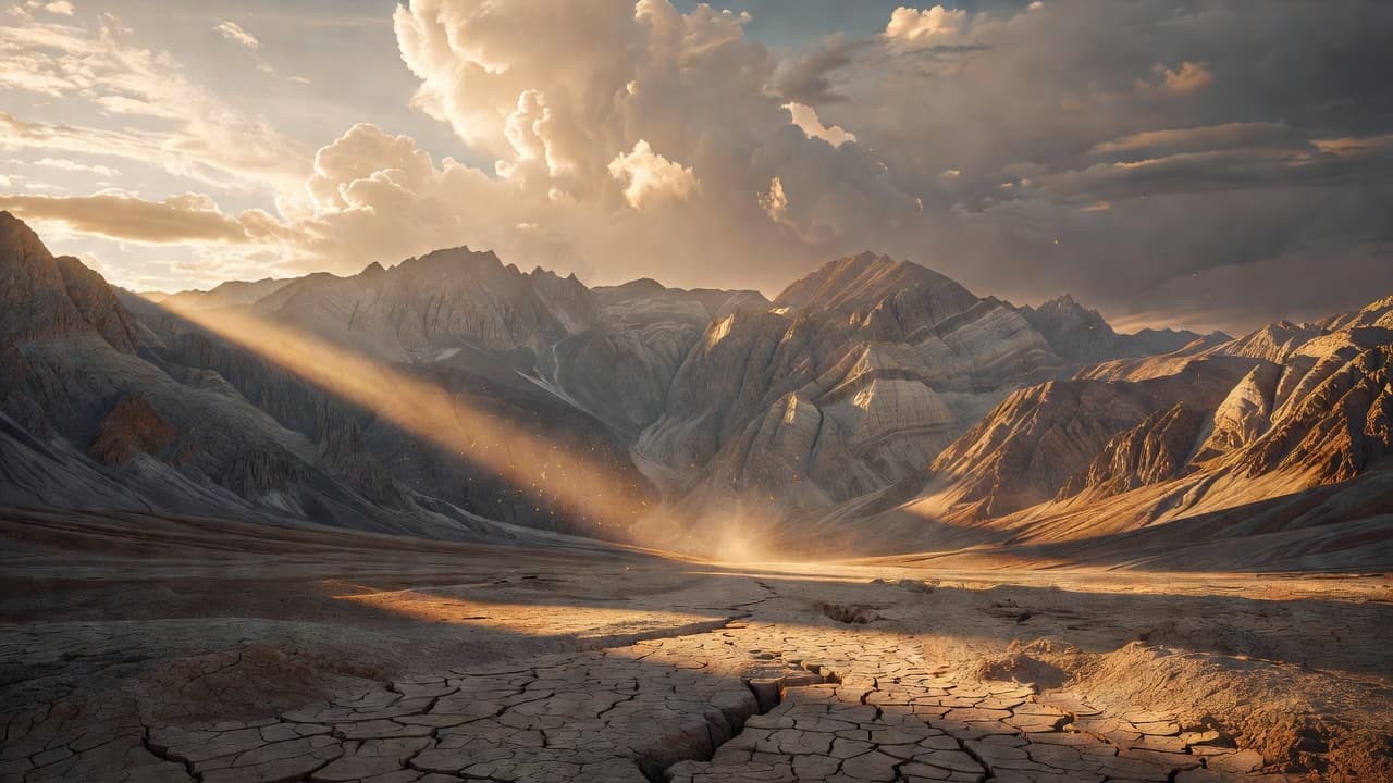Paisaje montañoso al amanecer con grietas en la tierra y luz cálida atravesando las nubes