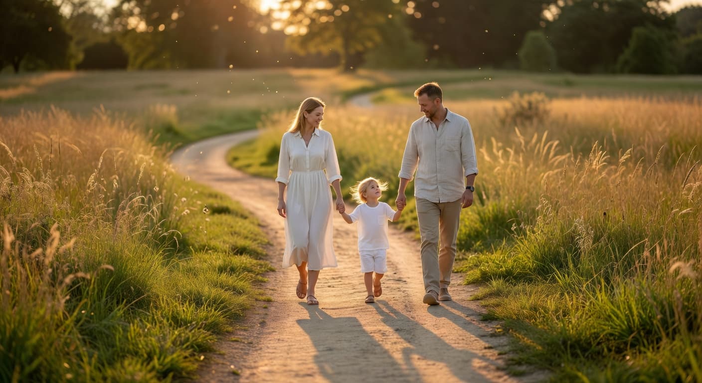 Familia caminando junta por un sendero iluminado por la luz cálida del atardecer