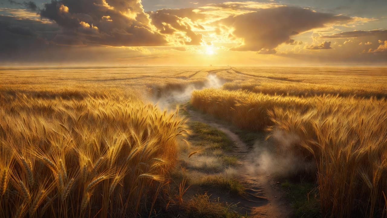 Paisaje de un amanecer sereno sobre un campo abierto que evoca reflexión sobre la vida y la eternidad