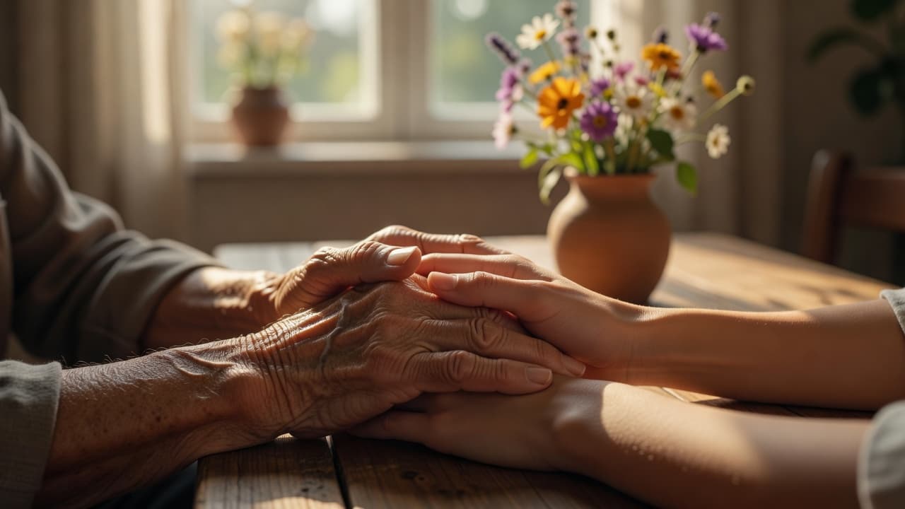Manos de diferentes generaciones entrelazadas bajo una luz cálida al atardecer, evocando el amor incondicional