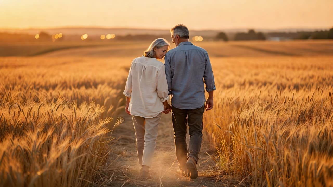 Pareja madura caminando tomada de la mano al atardecer en un campo abierto, reflejando amor y compañía