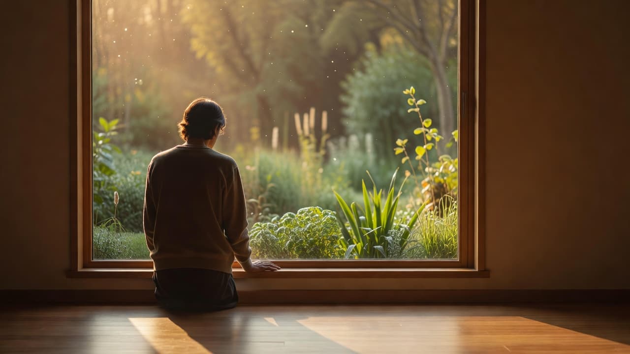 Persona de pie frente a una ventana con luz suave entrando, mirando hacia afuera con expresión reflexiva