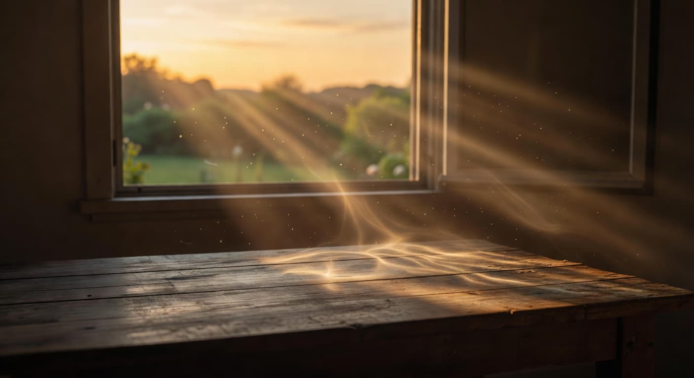 Luz del atardecer entrando por una ventana sobre una mesa de madera con sombras suaves