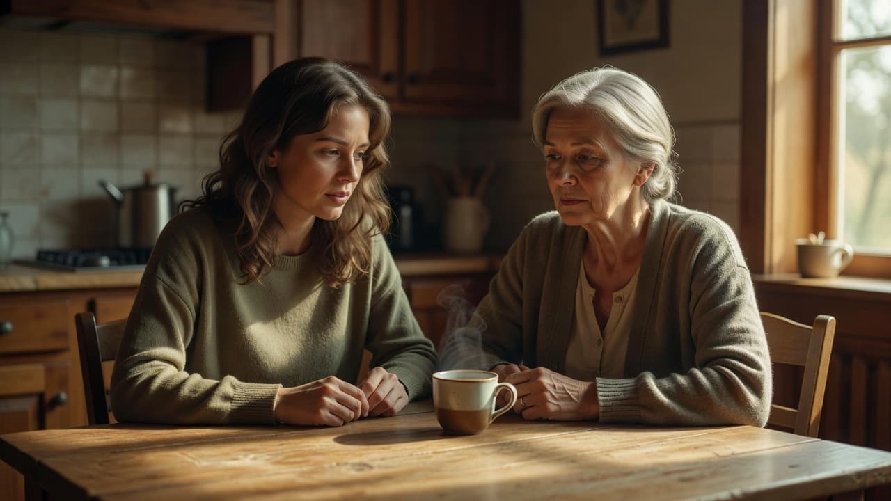 Dos mujeres de diferentes generaciones compartiendo un momento de reconciliación con luz cálida