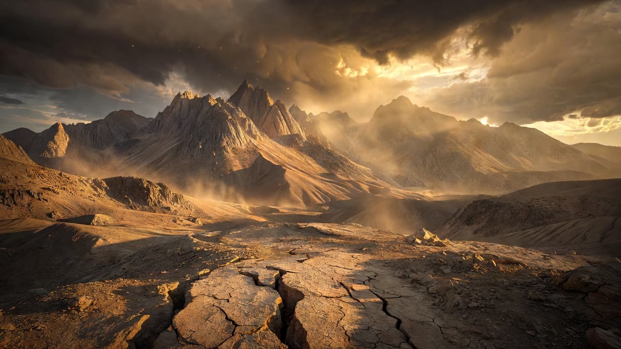 Paisaje montañoso con grietas en la tierra y un cielo dramático al atardecer que evoca el poder de la naturaleza
