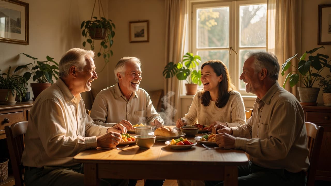 Familia multigeneracional compartiendo una comida cálida en un hogar lleno de luz natural