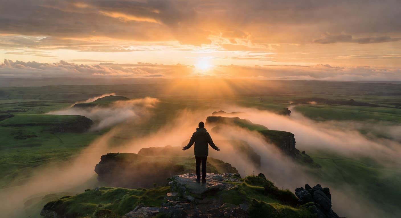 Persona de pie al borde de un acantilado mirando un amanecer dorado entre la niebla