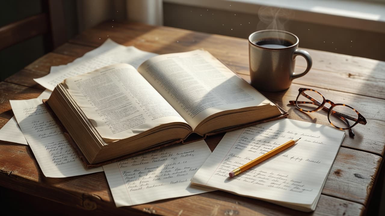 Persona estudiando con un libro de referencia abierto junto a notas y un lápiz sobre un escritorio iluminado por luz natural