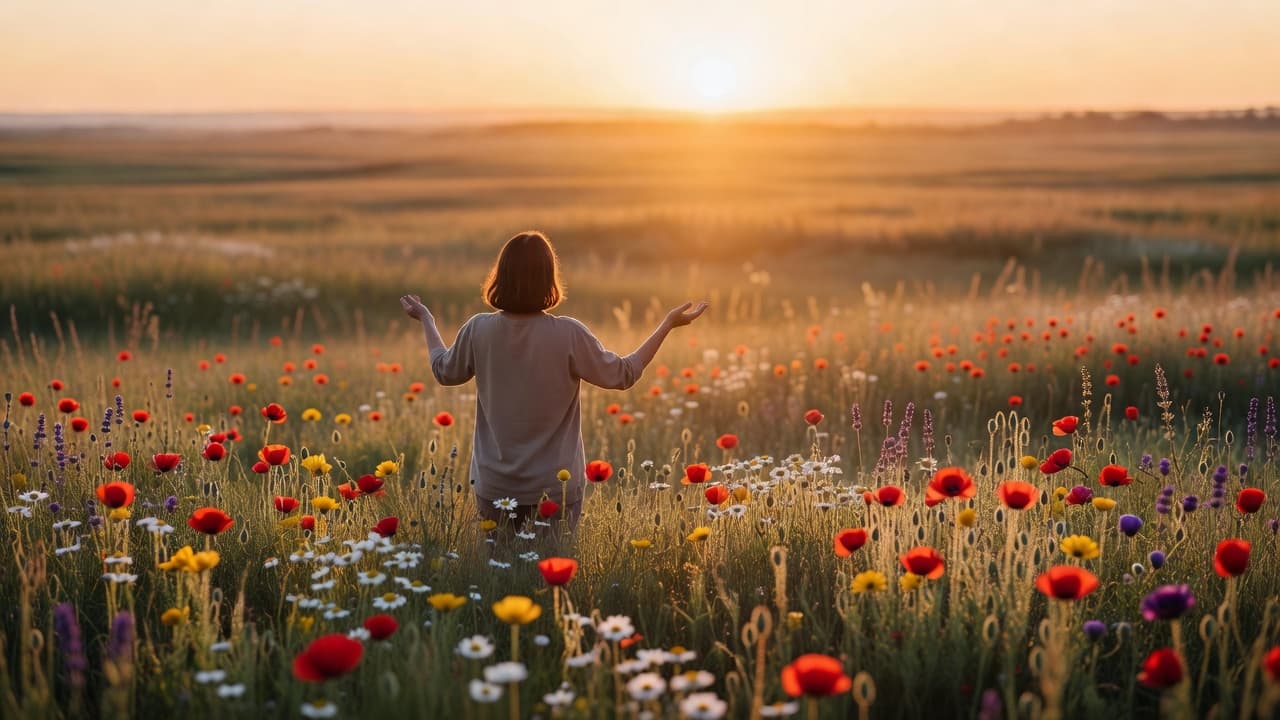 Luz cálida del amanecer iluminando las manos abiertas de una persona en un campo abierto, evocando entrega y amor incondicional