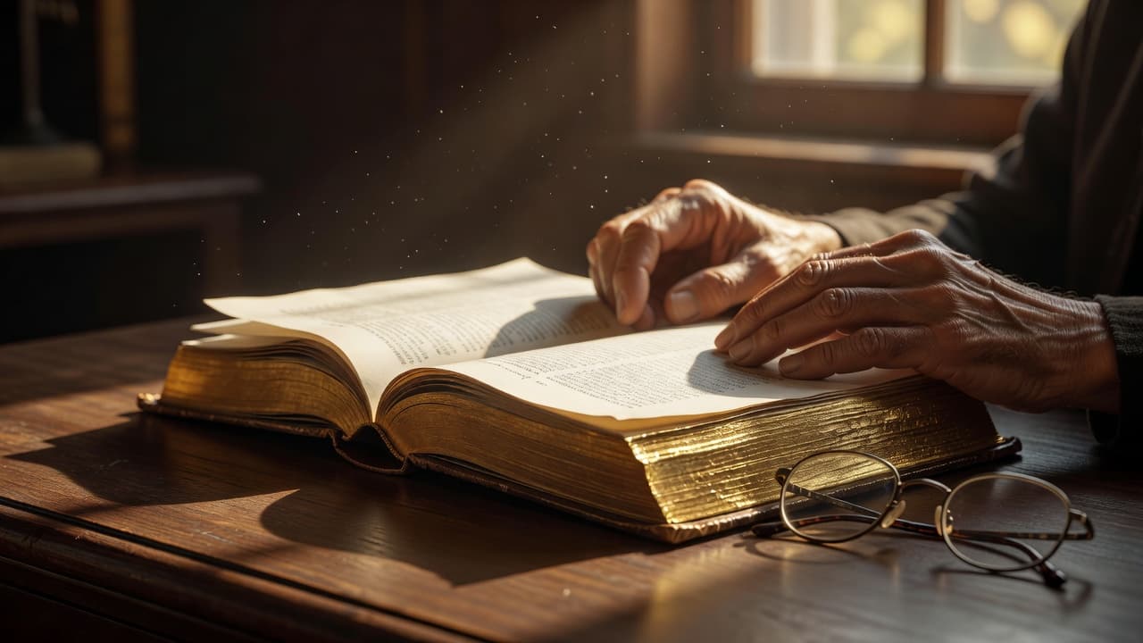 Manos pasando páginas antiguas con luz dorada que evoca la tradición y la historia de la traducción bíblica al español