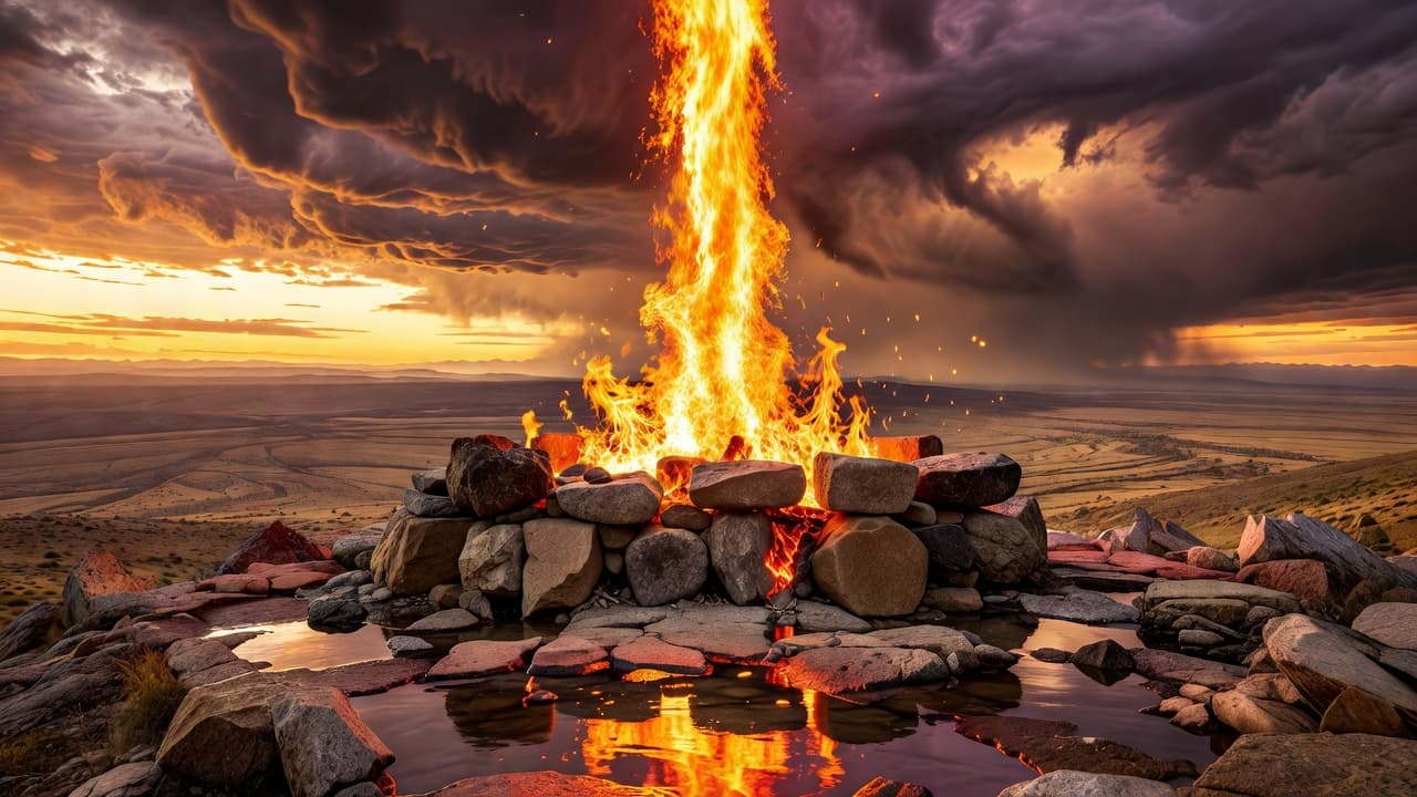Paisaje montañoso con fuego descendiendo del cielo sobre un altar de piedra al atardecer, evocando la escena del monte Carmelo