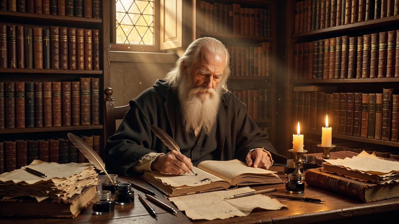 Escena evocadora de un erudito del siglo XVI trabajando con manuscritos antiguos bajo luz cálida