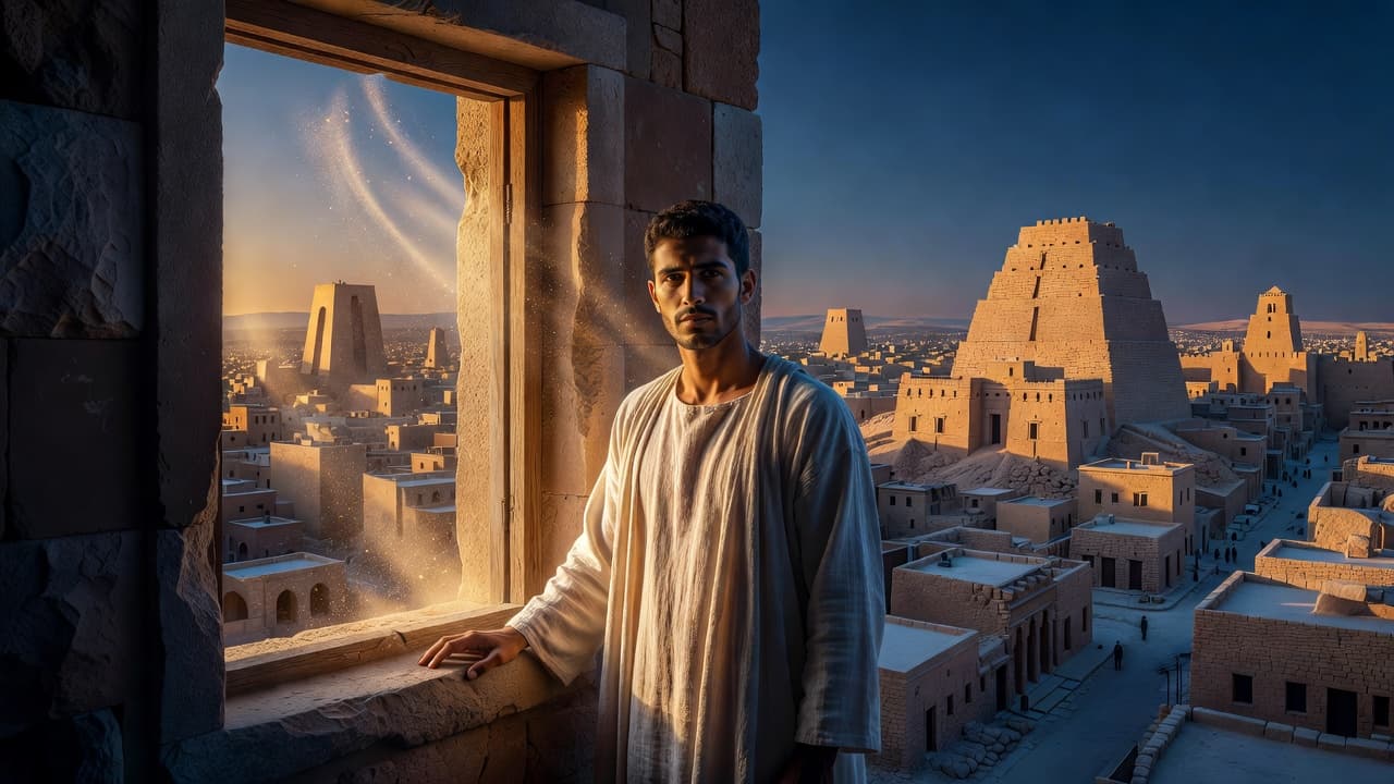 Hombre joven mirando al horizonte desde una ventana abierta hacia una ciudad antigua al atardecer, evocando esperanza en medio del exilio