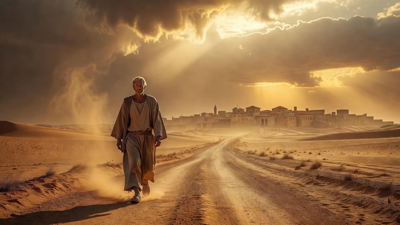Escena evocadora de un viajero antiguo caminando por un sendero desértico iluminado por una luz intensa que baja del cielo