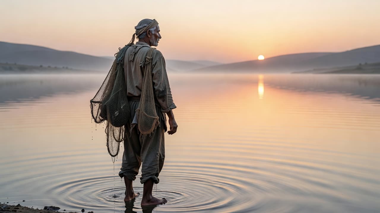 Un pescador de pie en la orilla de un lago al amanecer, mirando hacia el horizonte con expresión de esperanza y determinación