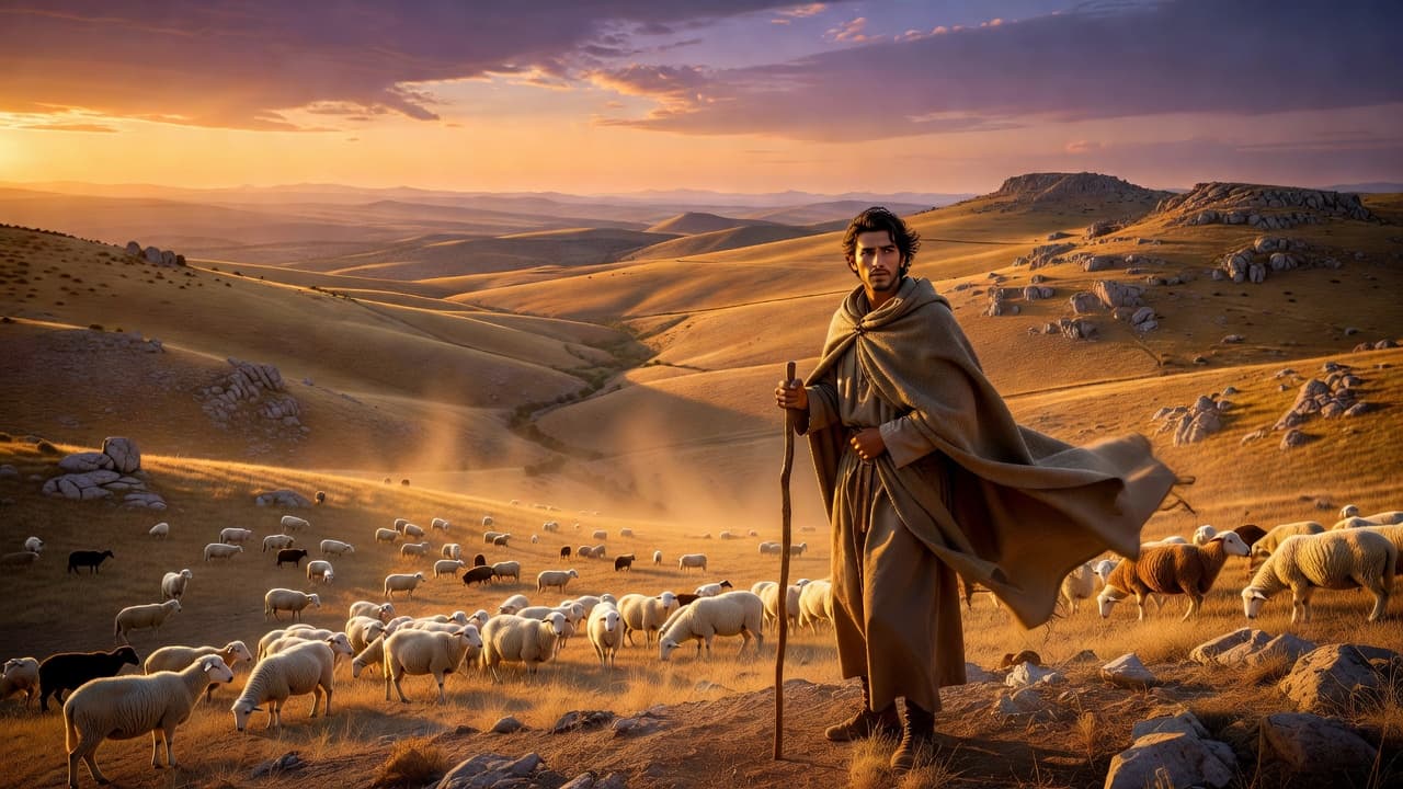 Paisaje de colinas al atardecer evocando los campos de pastoreo donde David creció como pastor de ovejas