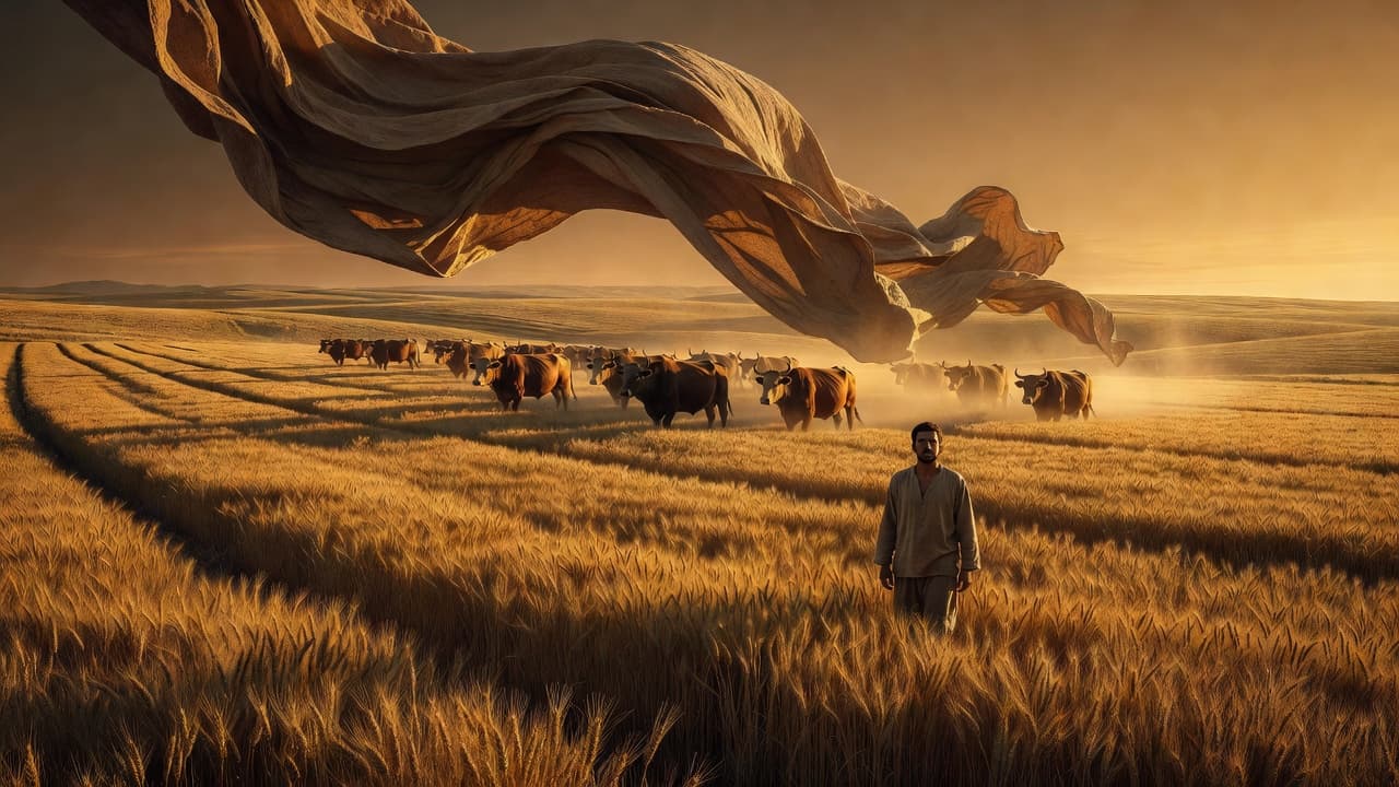 Paisaje de campos arados con un manto cayendo desde el cielo, evocando el llamado de Eliseo