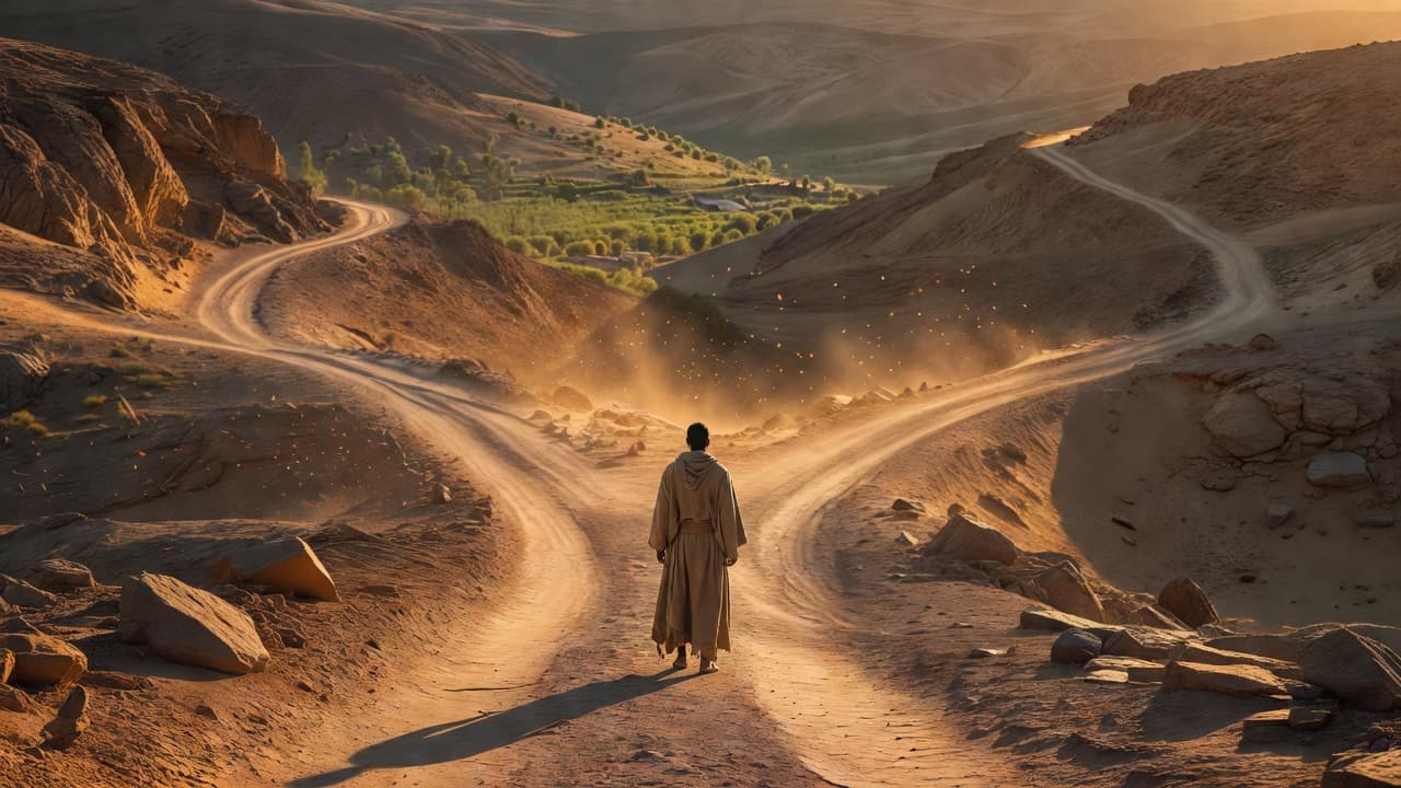 Dos caminos que se bifurcan en un paisaje desértico al atardecer, evocando una decisión trascendental