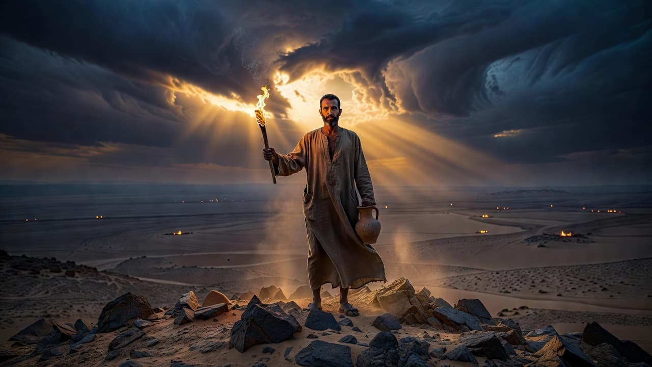 Un hombre solitario sosteniendo una antorcha encendida en la penumbra del amanecer, evocando valentía y confianza en medio de la incertidumbre