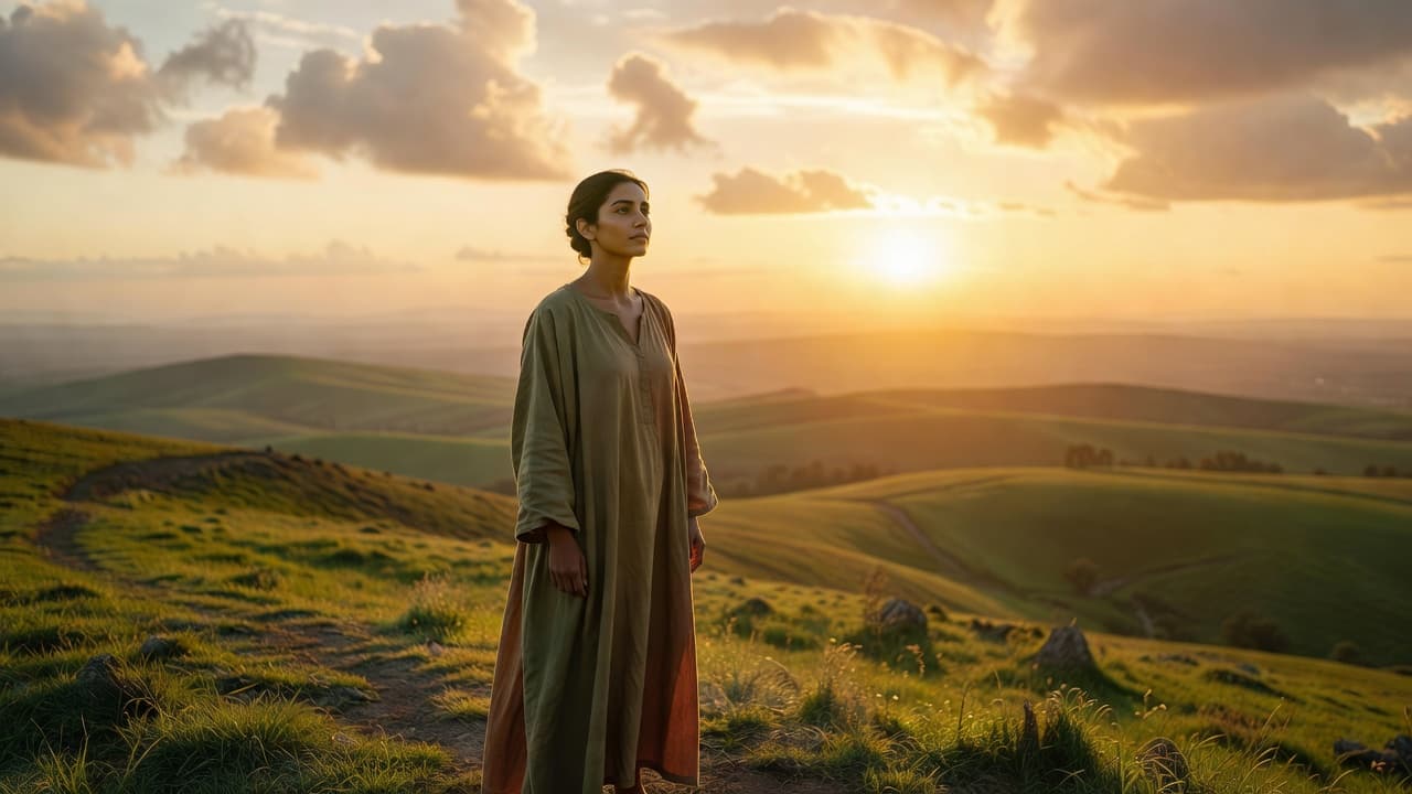 Mujer joven de Medio Oriente en un paisaje al amanecer, con expresión serena y mirada hacia el horizonte, evocando fe y entrega