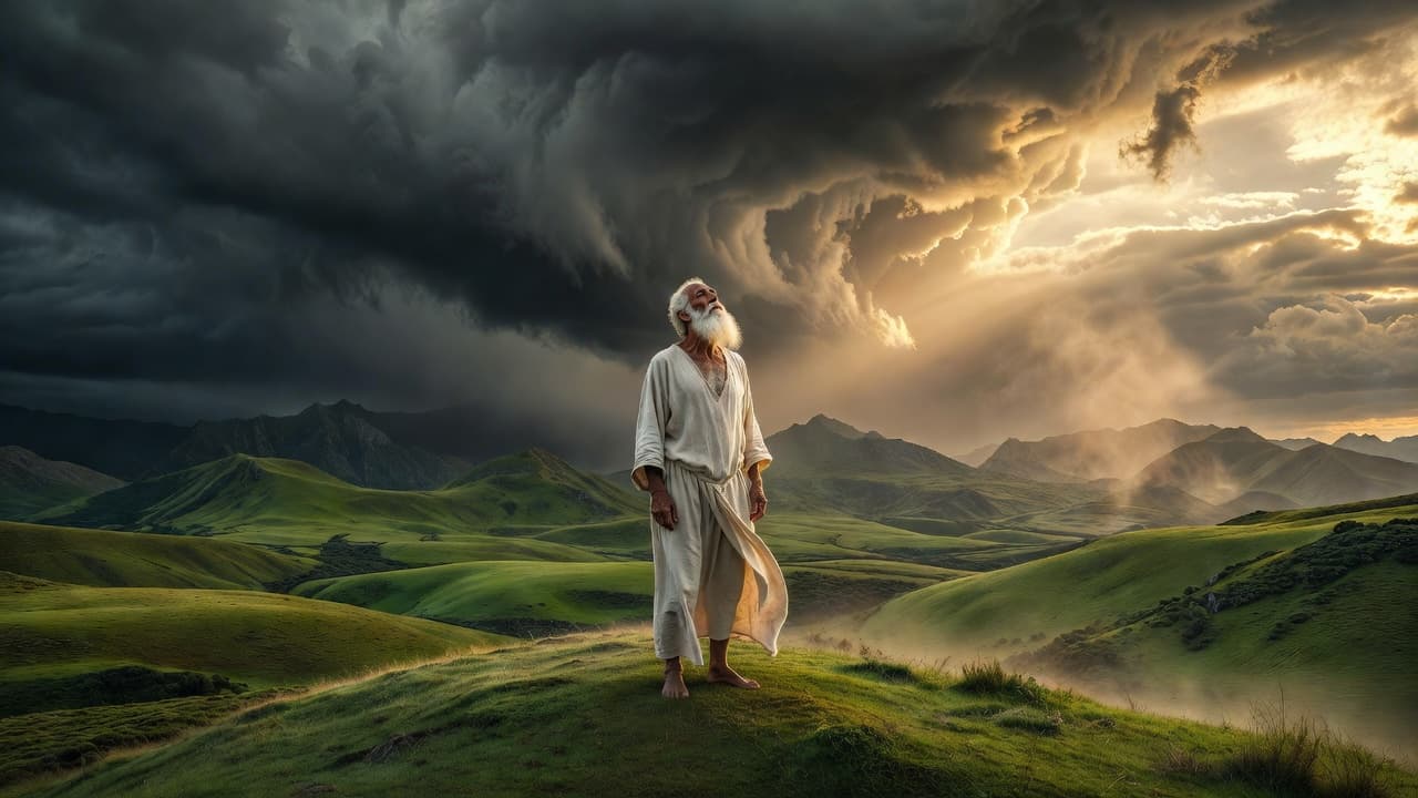 Hombre anciano de pie ante un paisaje de montañas y cielo tormentoso, evocando la historia de Noé y su fe ante lo desconocido