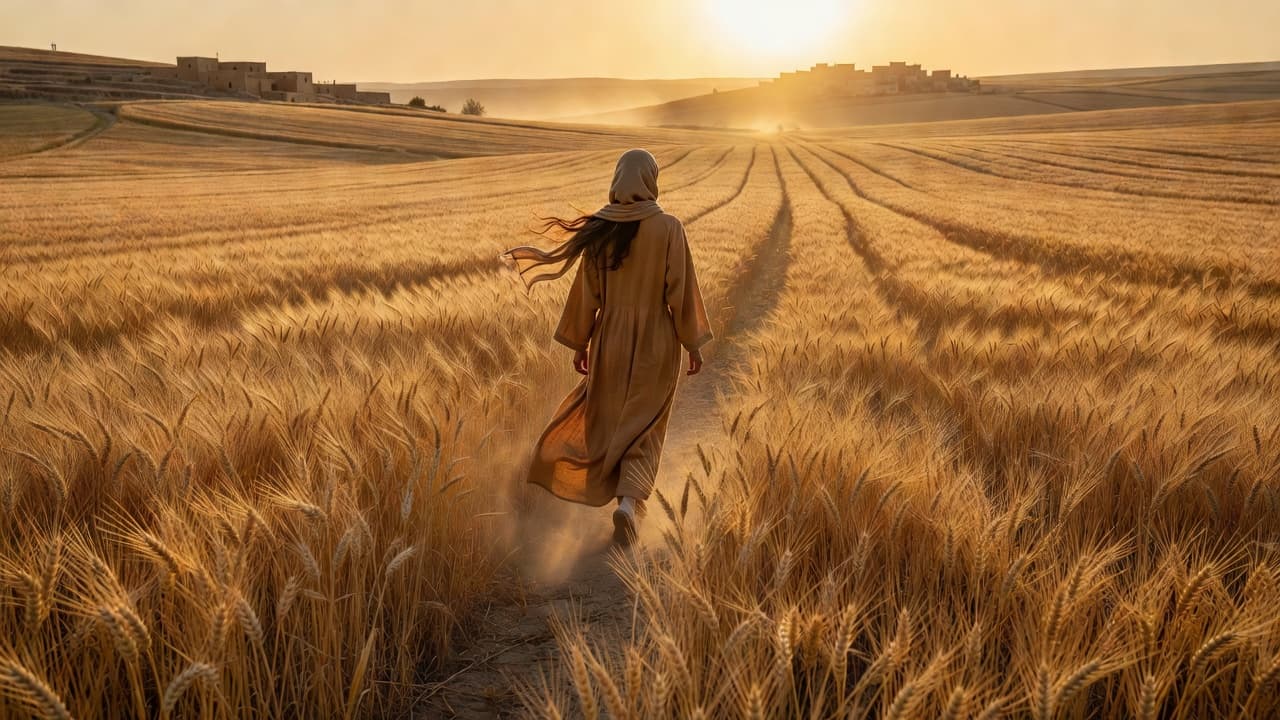 Mujer joven caminando por un campo de trigo dorado al atardecer, evocando la historia de Rut