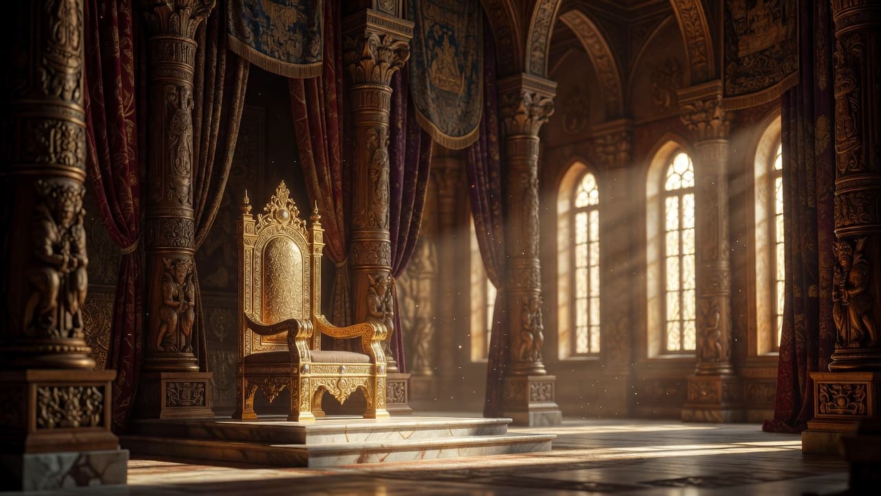 Trono majestuoso en un salón iluminado por luz dorada que evoca el esplendor y la caída del rey Salomón