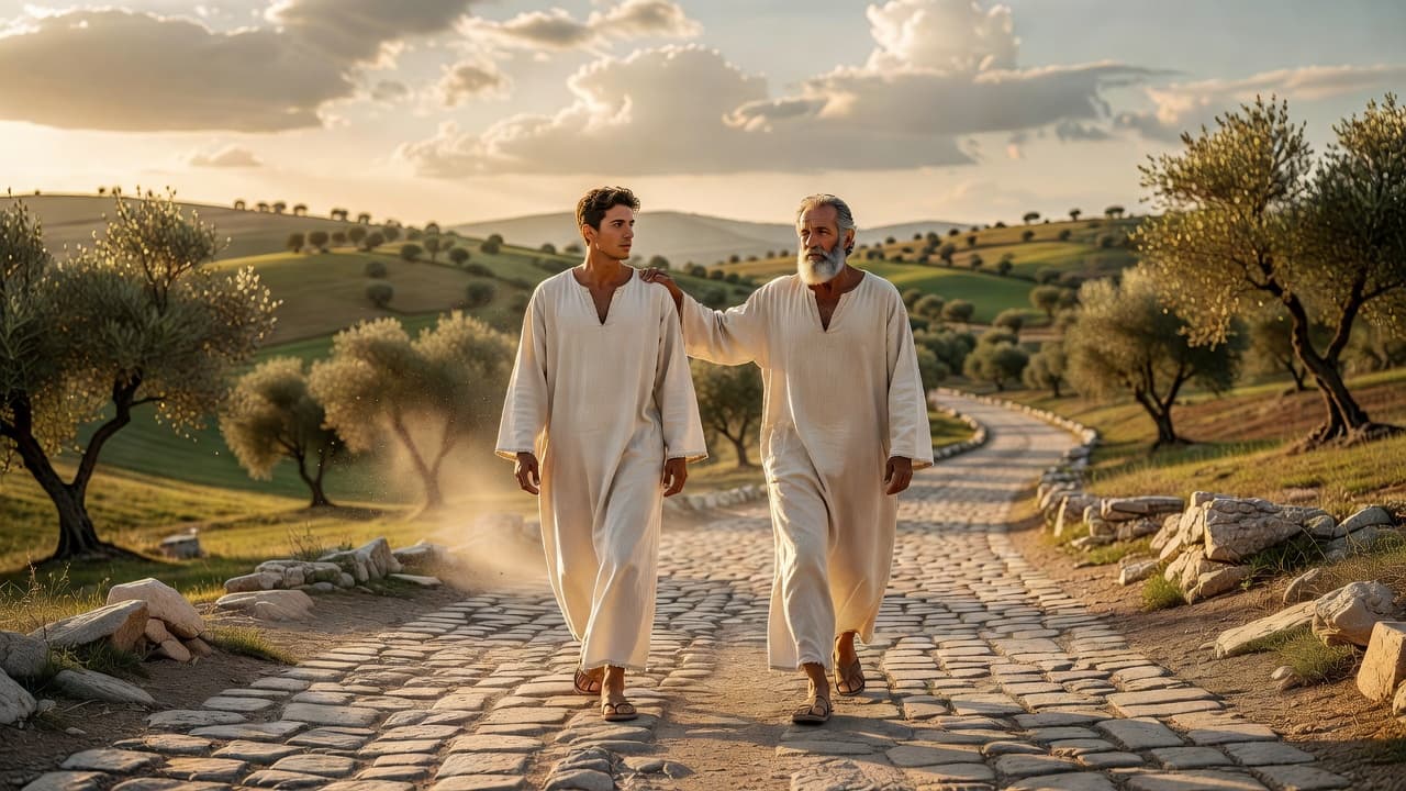 Joven caminando al lado de un mentor por un sendero iluminado al atardecer, evocando discipulado y confianza